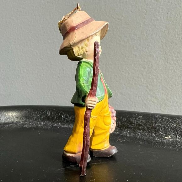 Vintage Boy Walking Stick Basket - Rabbit 3 1/4" Tall Hanging Holiday Ornament - Picture 2 of 8